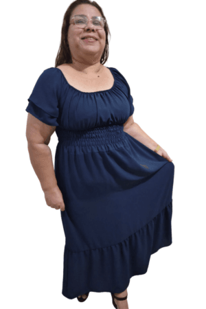 Vestido Bianca Longo com Lastex na Cintura Azul-Marinho Frente