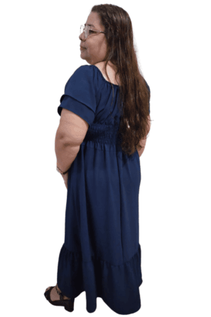 Vestido Bianca Longo com Lastex na Cintura Azul-Marinho Lateral