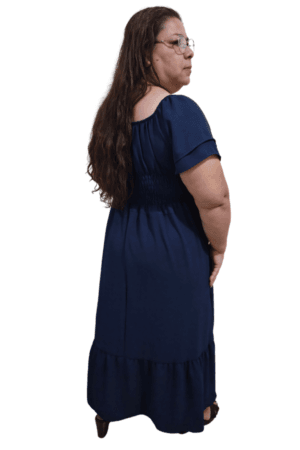 Vestido Bianca Longo com Lastex na Cintura Azul-Marinho Costas
