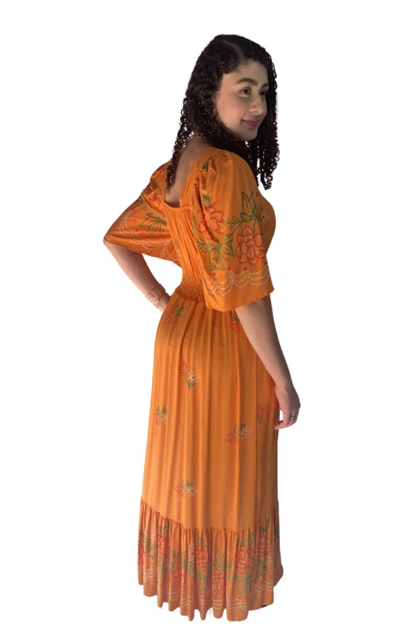 Vestido Longo Laranja Floral Catarina vista lateral