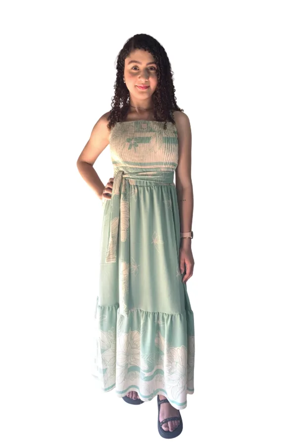 Vestido Lavínia Longo Verde com Branco Floral