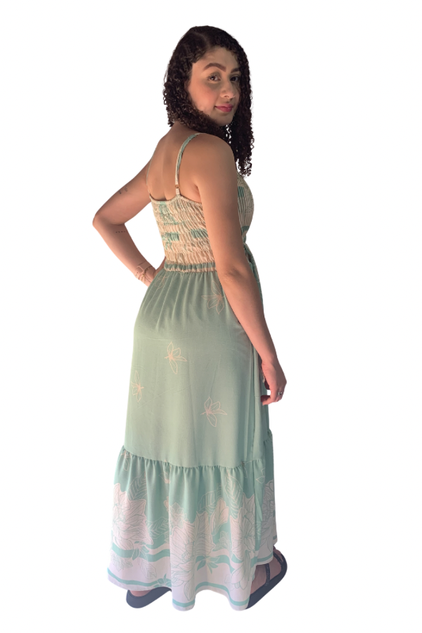 Vestido Longo Verde Floral Lavínia vista lateral