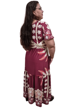 Vestido Longo Estampado em Tecido Fluity Cecília GG G1 detalhe traseiro
