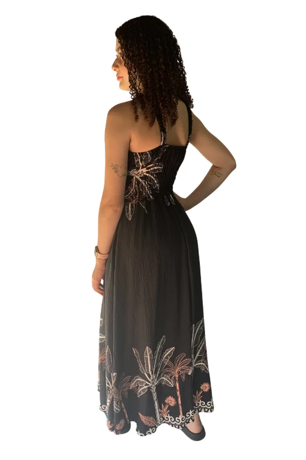 Vestido Longo Preto Mirela em viscolinho costas