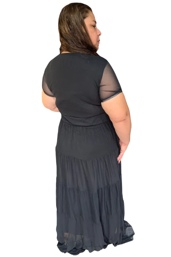 Vestido Longo Preto Serena em Tule com Elastano vista traseira