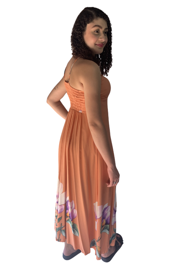 Vestido Longo Laranja Floral Victoria vista lateral